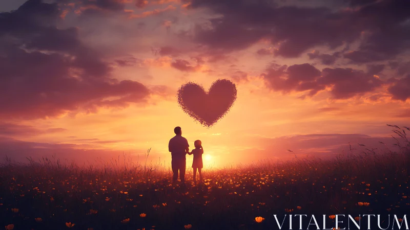 Silhouetted figures with oversized heart in sunset landscape