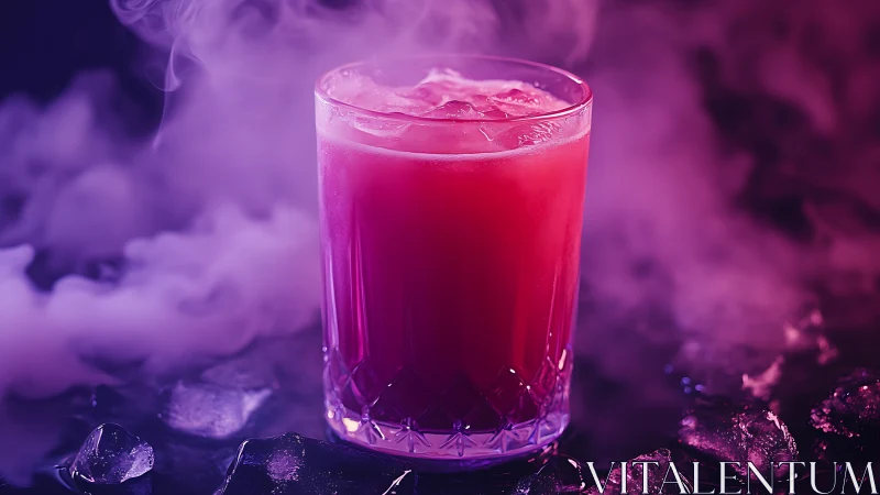 Cocktail with ice in illuminated purple atmospheric environment