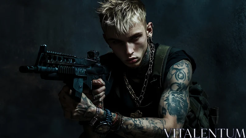 Tattooed armed man in tactical gear against dark backdrop.
