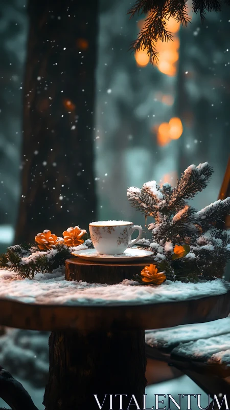 Porcelain teacup sits on snow covered wooden stump table outdoors