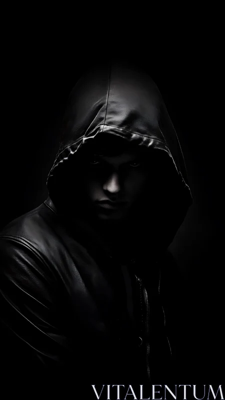 Hooded figure in shadow exudes mystery and dark tension.