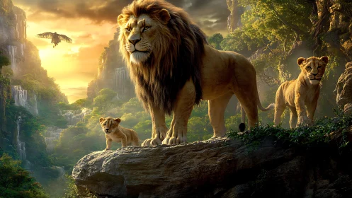 Lion Pride in Mystical Canyon Landscape: Digital Fantasy Composition.