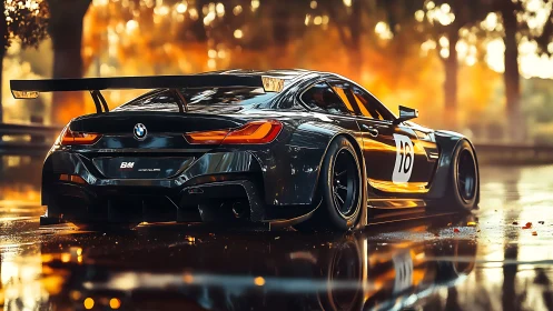 BMW race car sits on wet track with strong sunset reflections