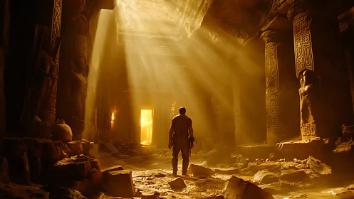 Explorer in illuminated ancient stone temple interior corridor.