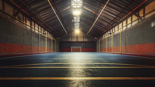 Indoor futsal court with netted walls and directional skylights