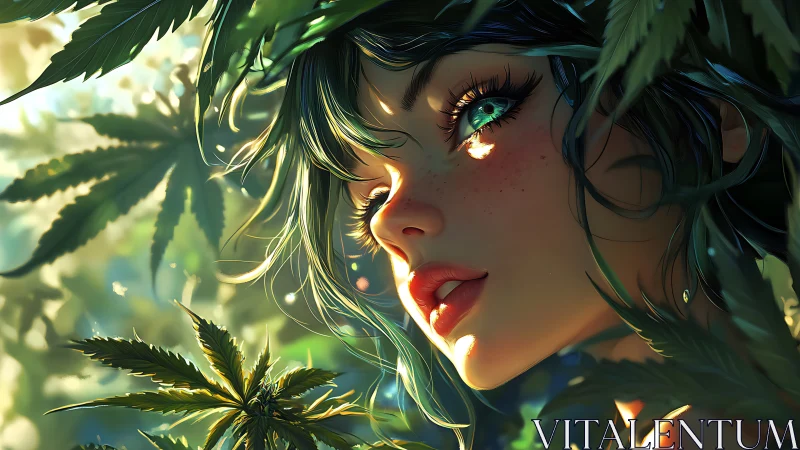 Green-eyed forest girl in vivid digital portrait.