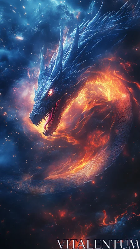 Cosmic fire dragon coiled in glowing nebulae spiral.