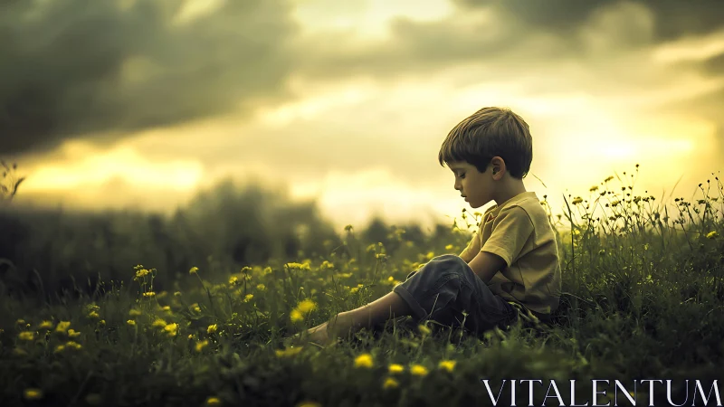 Thoughtful child sits in meadow under moody golden sunset