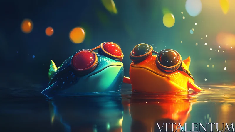 Playful frog friends sharing a glowing nighttime swim.