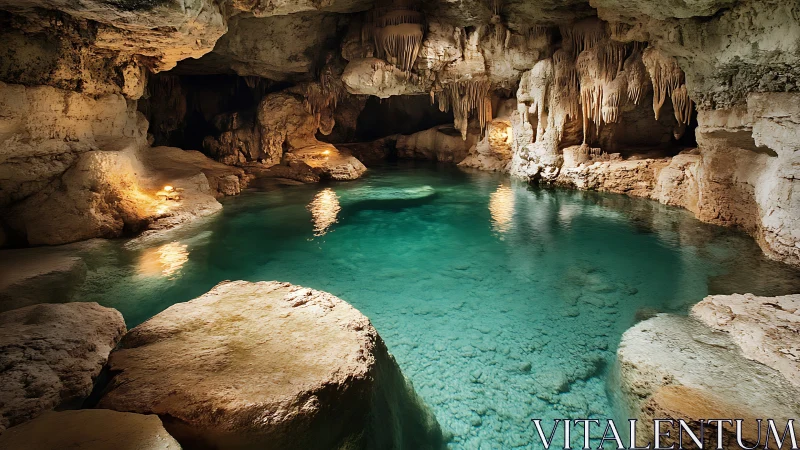Emerald underground pool mirrors glowing limestone stalactites.