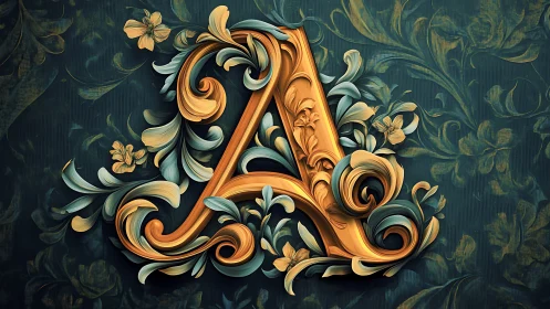 Golden letter A wrapped in lush teal and blossom curls.