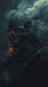 Digital painting of flaming skull in toxic vapor shroud.