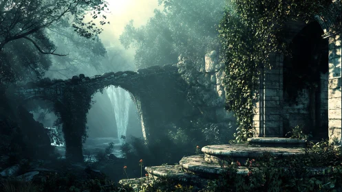 Sunlit forgotten ruins beside a misty forest waterfall.