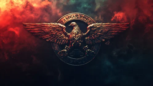 Soaring bronze eagle crest glowing in stormy cosmic mist.