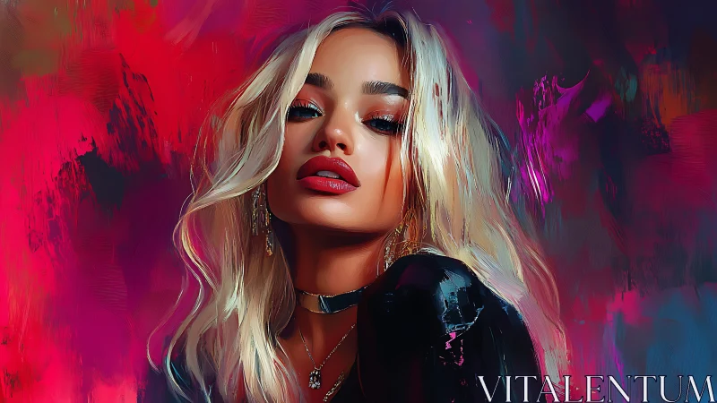 Blonde portrait in neon magenta brushstrokes and glossy light.