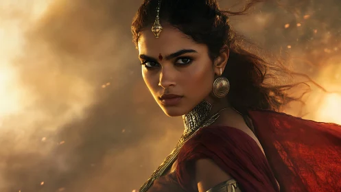 Warrior woman stares forward amid smoky golden light