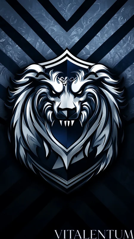 Steel lion crest dominates angular midnight chevron field