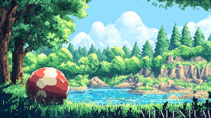 Pixel Forest Landscape with Pokéball and Lake.