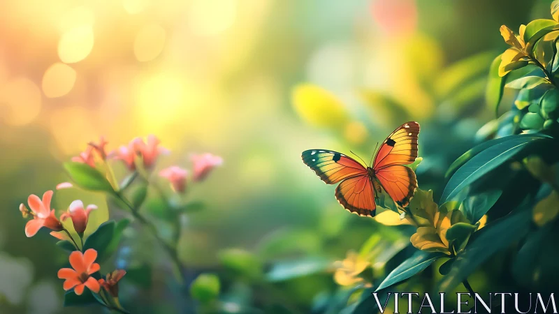 Vibrant orange butterfly poised on dewy garden foliage.