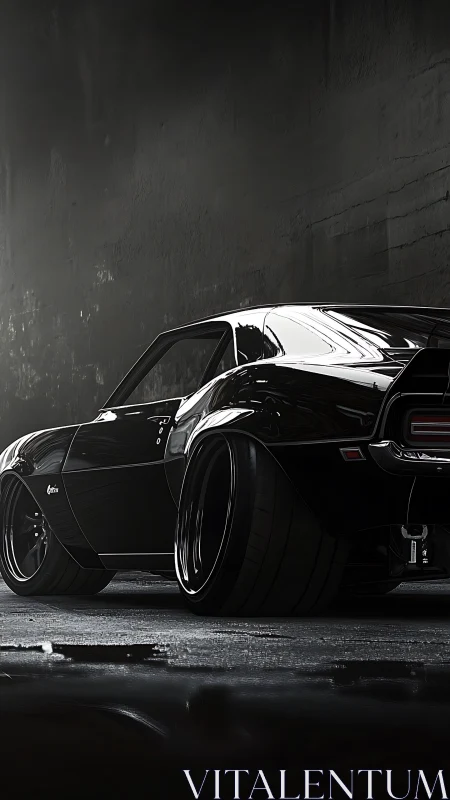 Low-angle analysis of widebody black muscle car in tunnel.