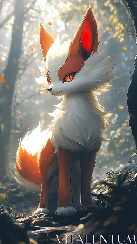 Bright-eyed fox spirit pauses in a softly glowing forest