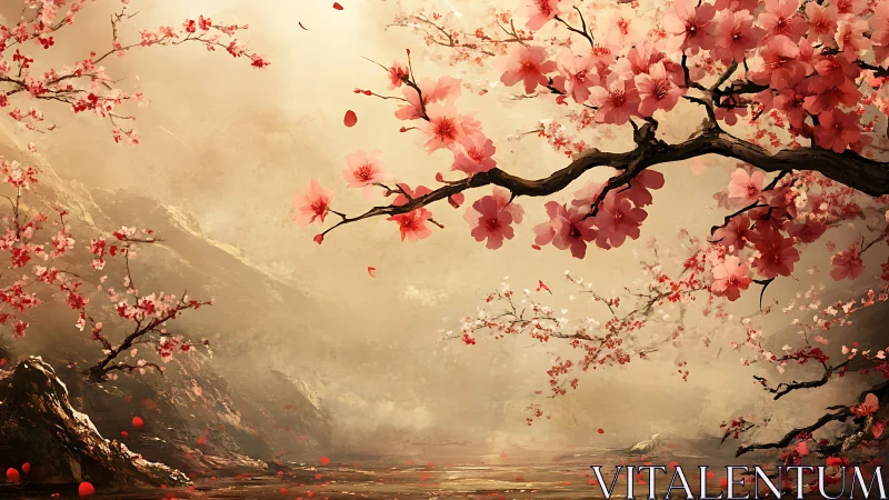 Cherry blossom branches over misty valley in sunset light.