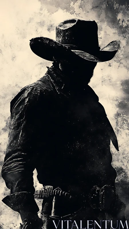 Silhouetted cowboy figure stands against textured cloudy sky