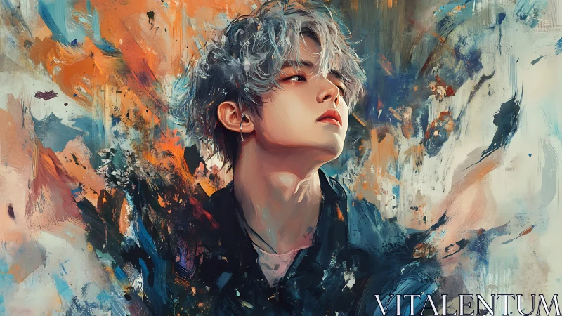 Expressive portrait of silver haired youth amid abstract strokes