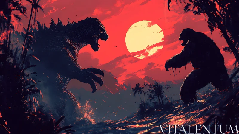 Titanic kaiju shoreline duel under saturated crimson sunset.