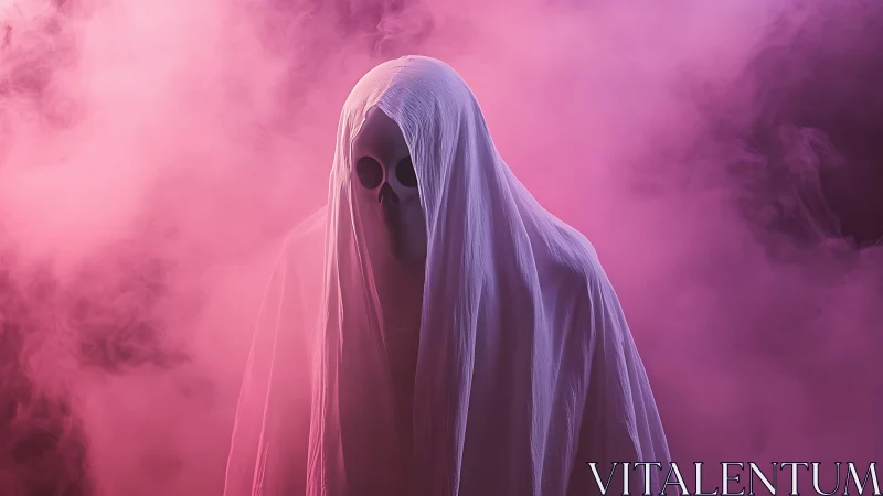Ghostly figure in white sheet surrounded by pink fog.