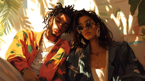 Digitally Rendered Portrait: Two Subjects in Warm Sunlit Interior with Tropical Vegetation