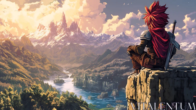 Lone red‑haired warrior surveying vast fantasy valley vista.