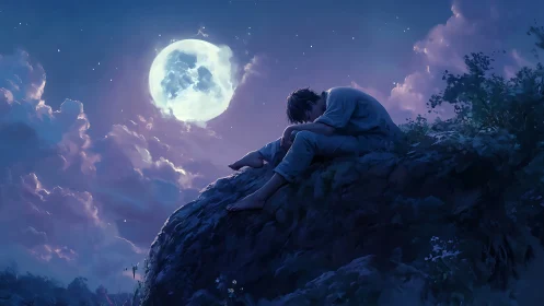 Solitary figure resting on rocky hill under full moon sky.