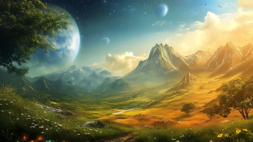 Star-kissed valley unfolds beneath glowing alien skies