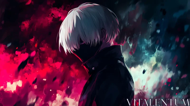 Anime portrait with masked antihero amid abstract neon flare.