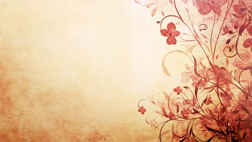 Red floral vines curve over textured beige background
