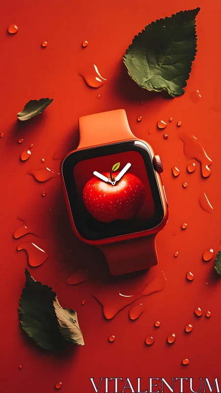 Juicy red smartwatch orchard glows in glossy splashscape.