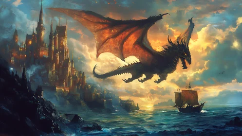 Colossal dragon silhouettes blazing sunset over fortified coastal citadel