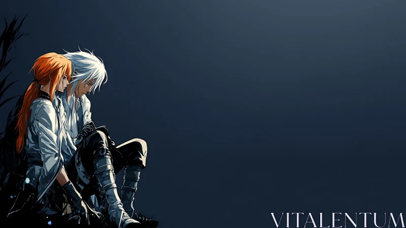 Quiet anime couple resting together in a dark void.