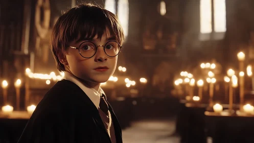 Young boy in robe among candlelit hall interior scene.