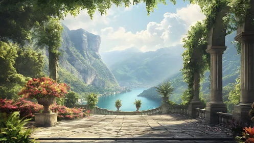 Sunlit terrace gateway above a turquoise mountain lake.