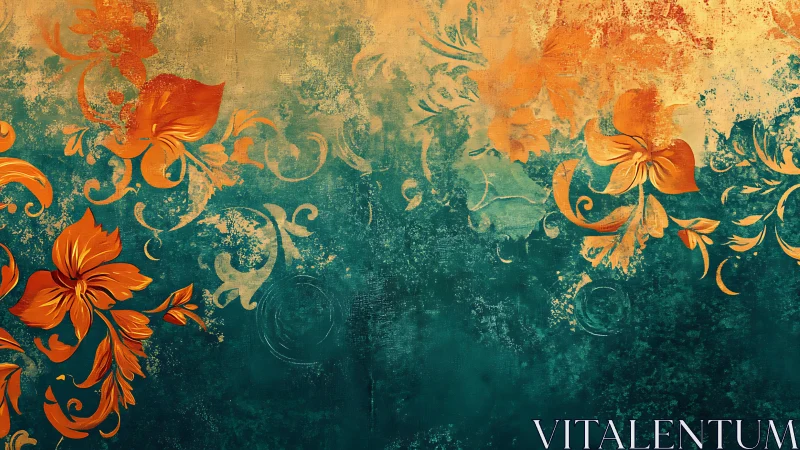 Ornate orange floral scrolls on teal textured gradient field