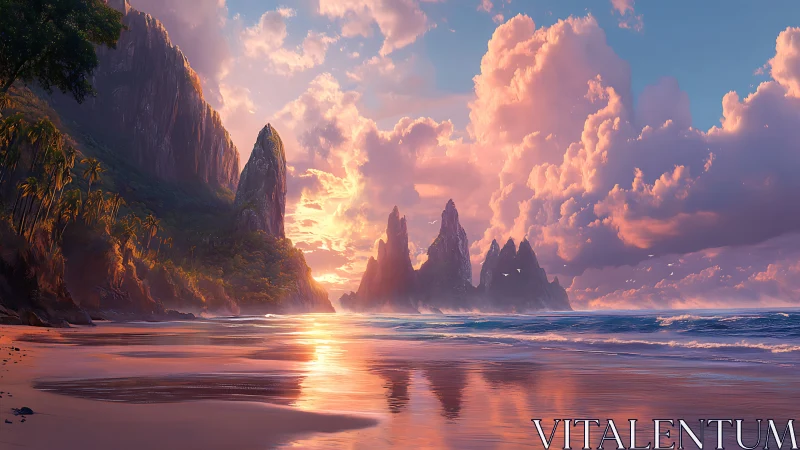 Coastal Rock Formation with Golden Sunset Reflection