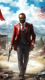 Bloodied enforcer strides through shattered rural battleground.