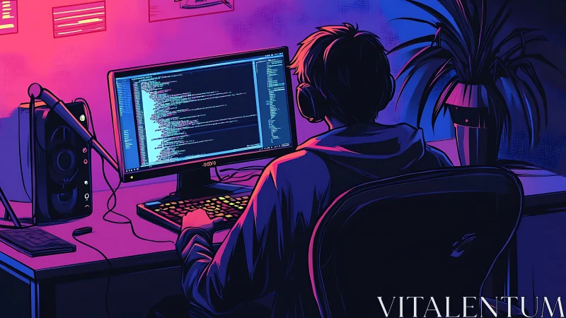 Programmer coding at night in neon lit home workspace.