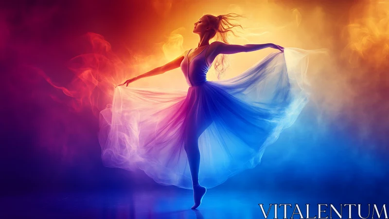 Graceful ballerina glows in swirling sunset and sapphire light