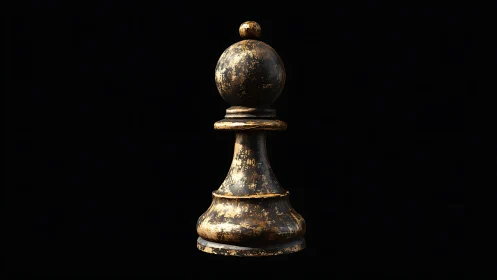 Weathered black chess pawn stands alone in dramatic light