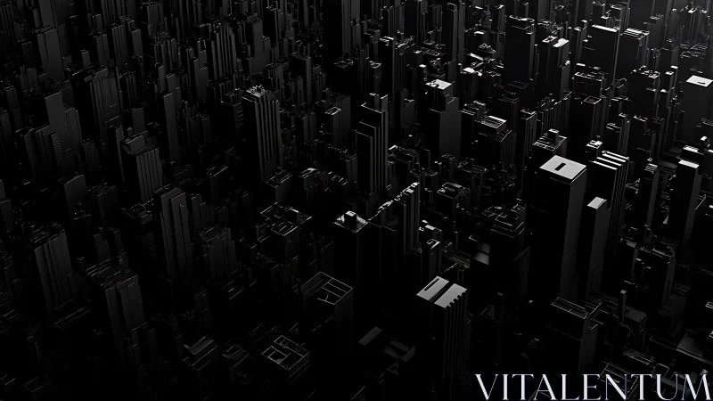 Monolithic black 3D cityscape renders dense abstract skyline