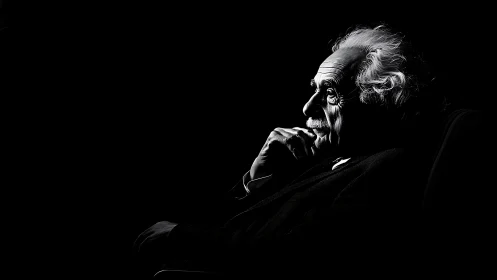 Side-lit monochrome profile of elderly man in darkness.