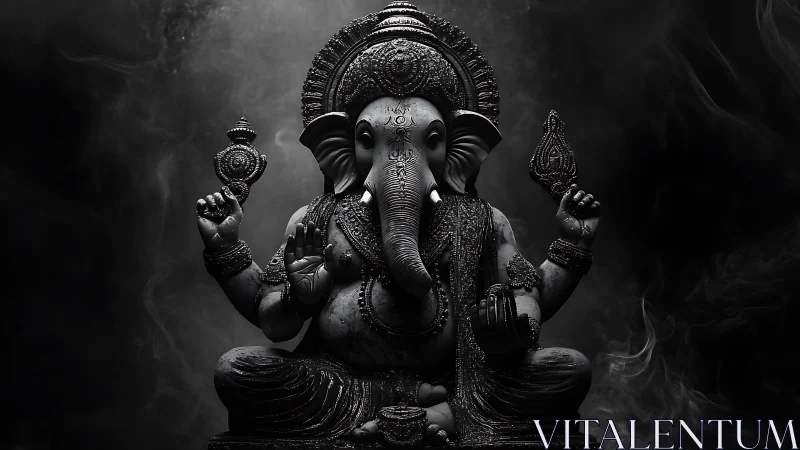 Midnight Ganesha emerges from swirling devotional shadows.